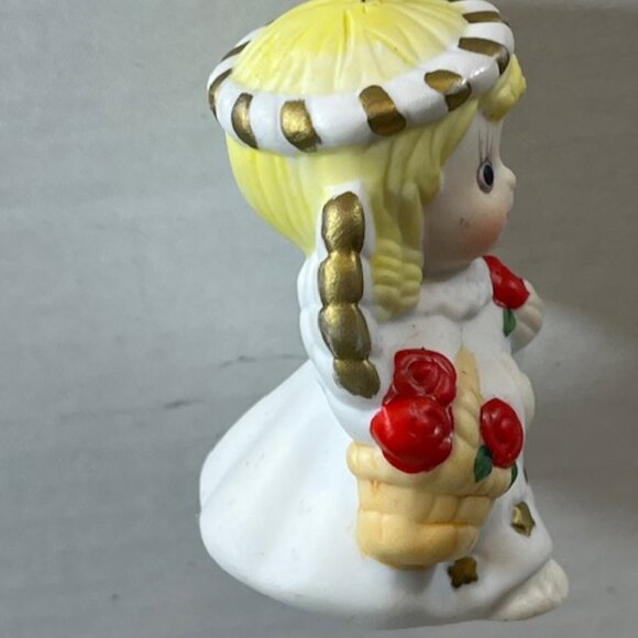 VTG 80's Angel Christmas Bell Tree Ornament Ceramic with Red Roses 2"x3" - Picture 7 of 13